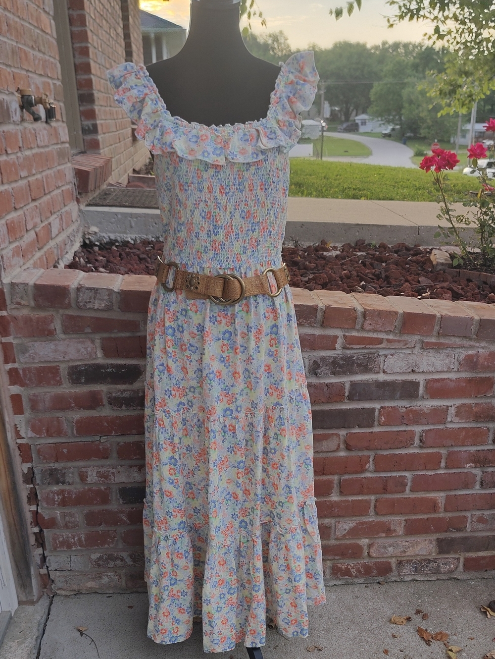 Old Navy Cotton Smocked Floral Tiered Milkmaid Maxi Dress Size M Beachy Bohemian